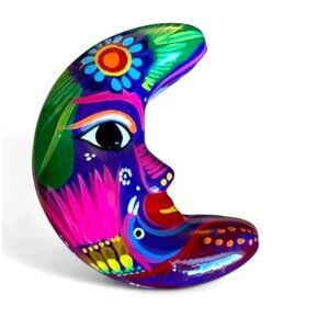 Crescent Moon Trinket Box, Folk Art Multicolor Clay Pottery Hand Painted Bowl